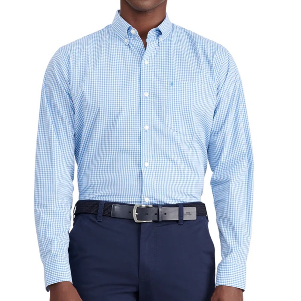 IZOD blue white check plaid classic cotton button down dress shirt size large
